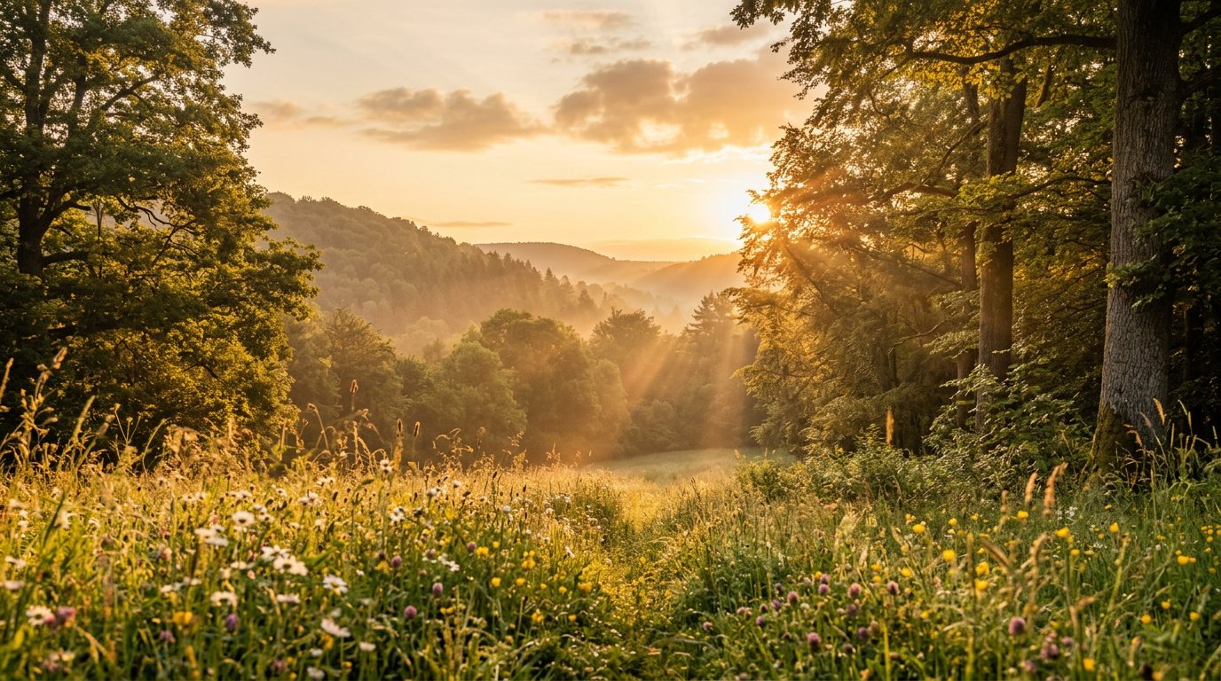 Blühende Wiese und Wälder im Naturpark Spessart bei goldenem Abendlicht