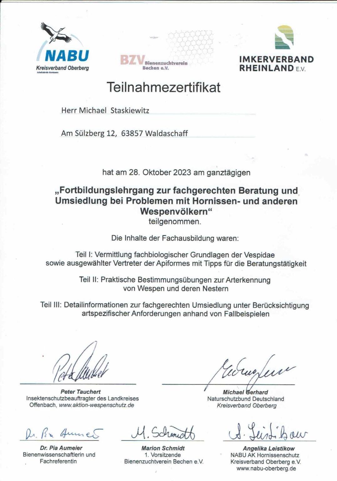 Teilnahmeurkunde Wespen und Hornissen Michael Stas